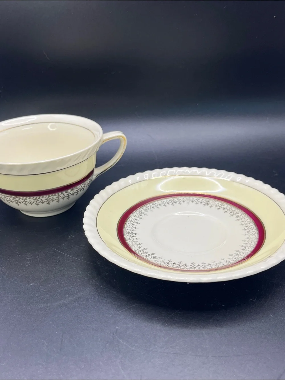 Vintage Johnson Brothers Old English Guildford Maroon Teacup Saucer Set England